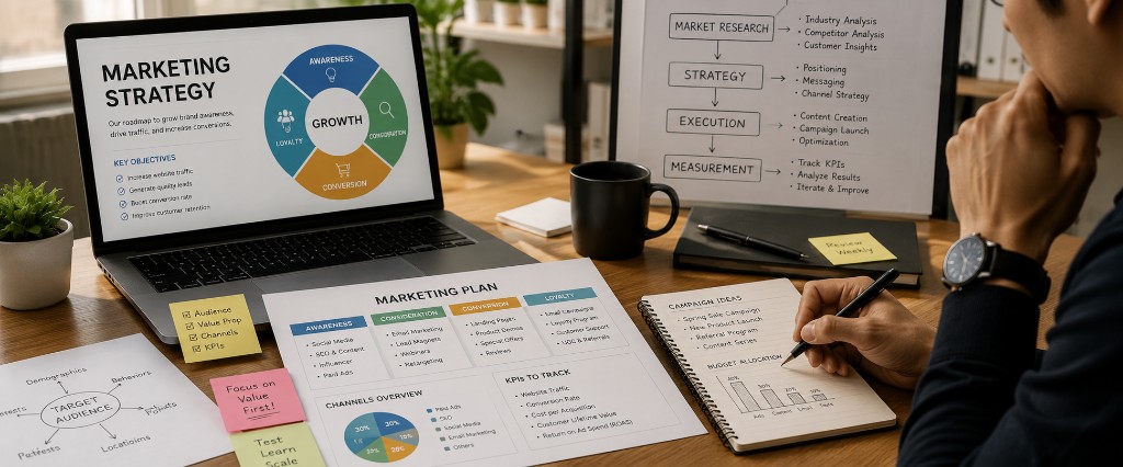 Team reviewing marketing performance data and strategy charts