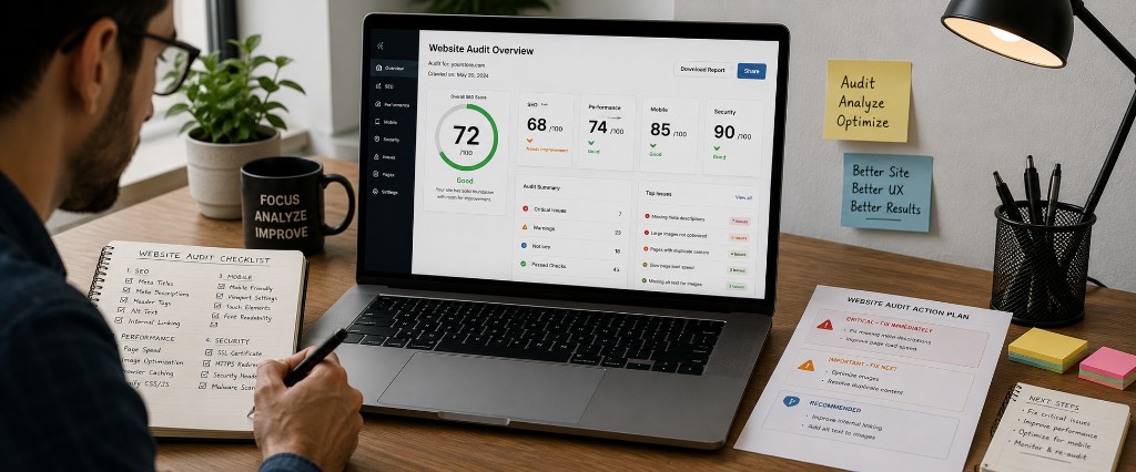 Website audit dashboard showing site health and crawl performance metrics