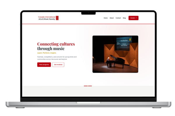 CIAMS Canada International Arts and Music Society website redesign on laptop