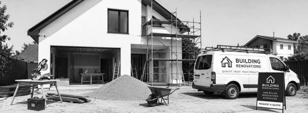 Residential construction and renovation site with scaffolding and work van