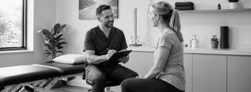 Healthcare professional consulting with a patient in a wellness clinic
