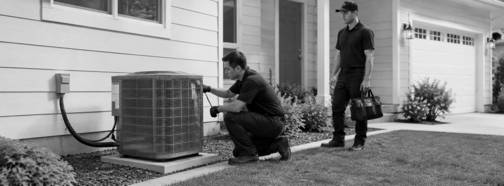 HVAC technicians servicing an outdoor air conditioning unit