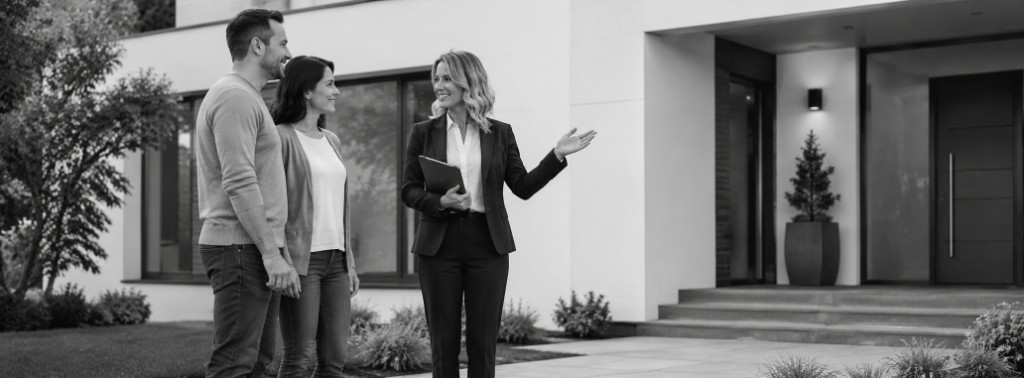 Real estate agent presenting a home to prospective buyers