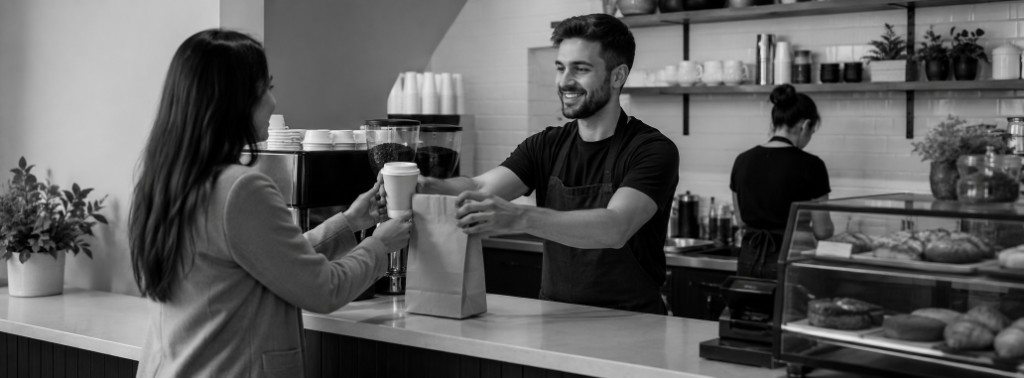 Barista handing a takeaway coffee order to a customer at a cafe