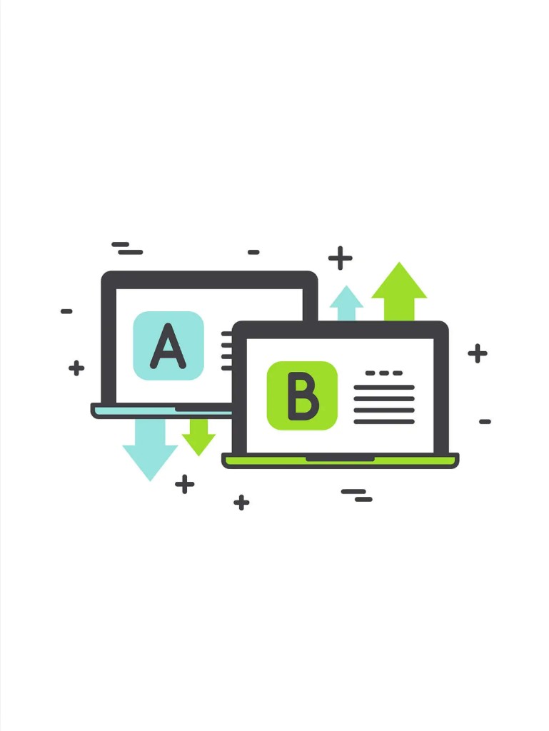 A/B testing illustration comparing two website versions labeled A and B