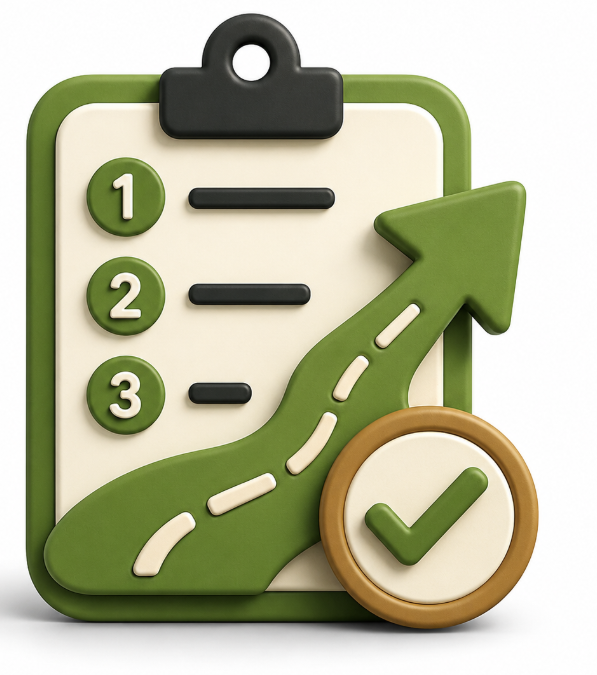 Action plan illustration with clipboard checklist showing numbered steps, winding path arrow, and green checkmark badge