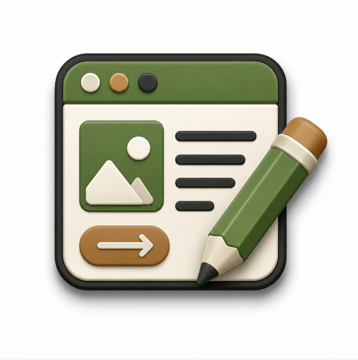 Ad creative and copy illustration with browser window, text lines, call-to-action button, and pencil for content editing