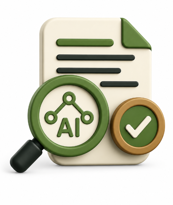 AI content audit illustration with document, magnifying glass, AI network icon, and checkmark badge