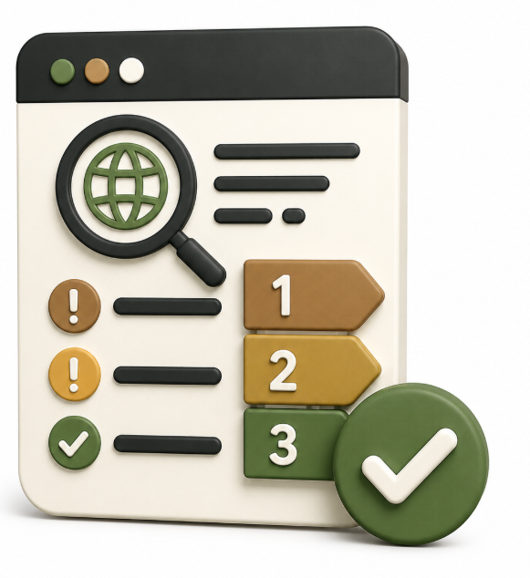 Website audit report illustration with browser window, magnifying glass, checklist status icons, and green checkmark