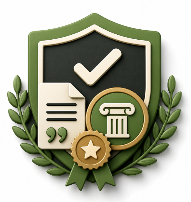 Authority and trust emblem with shield, checkmark, document, pillar, and award medal