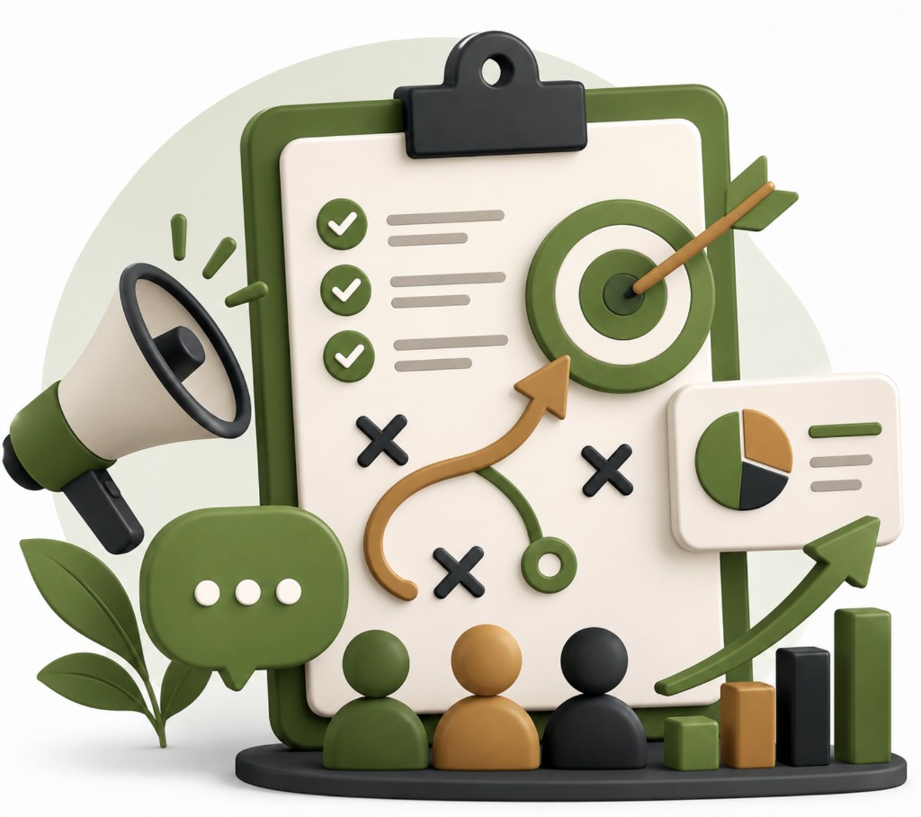 Campaign strategy illustration with a checklist clipboard, megaphone, target, audience icons, and growth analytics