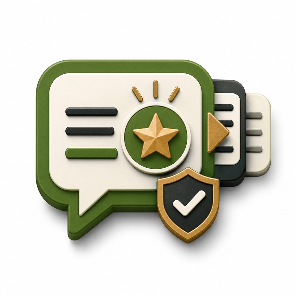 Citations and reviews illustration with testimonial speech bubbles, gold star badge, and verified shield checkmark