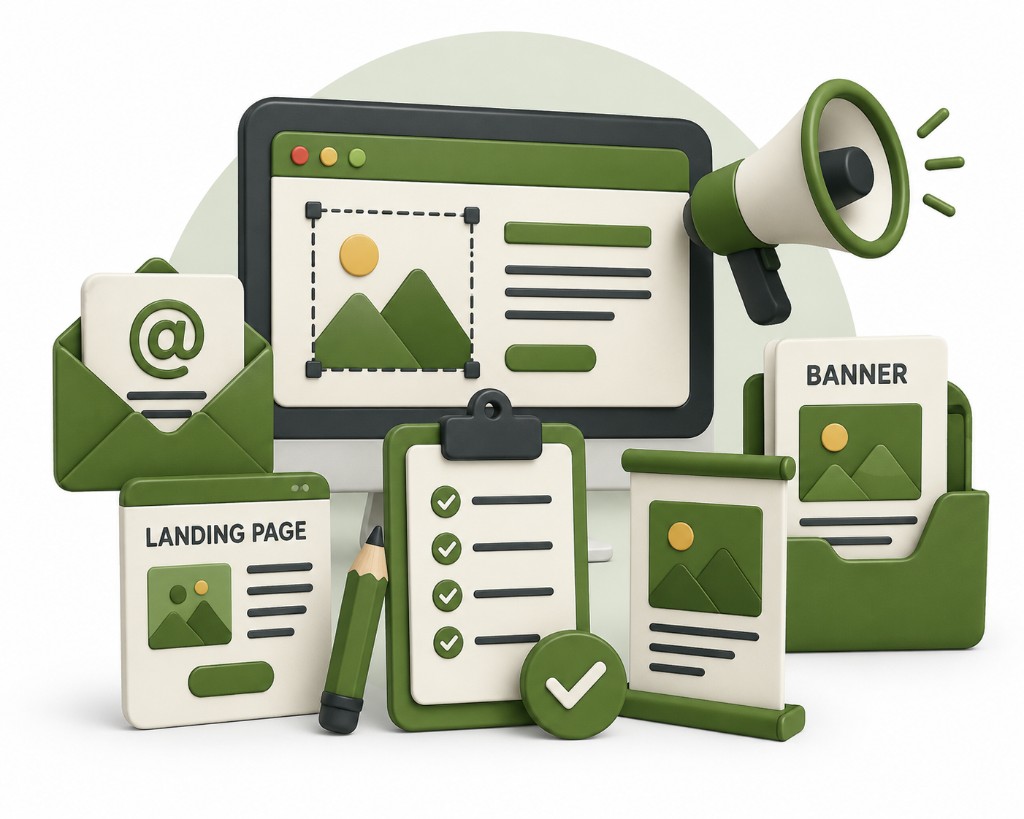 Creative campaign assets illustration with monitor, landing page, email, banner, checklist, and megaphone