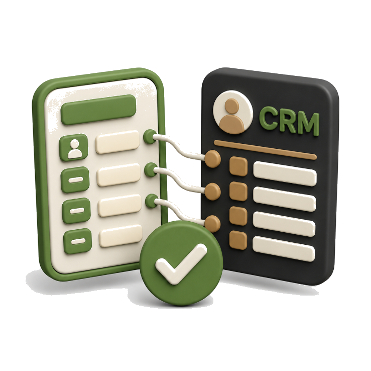 CRM integration illustration with form panel connected to CRM system by data tubes and green checkmark