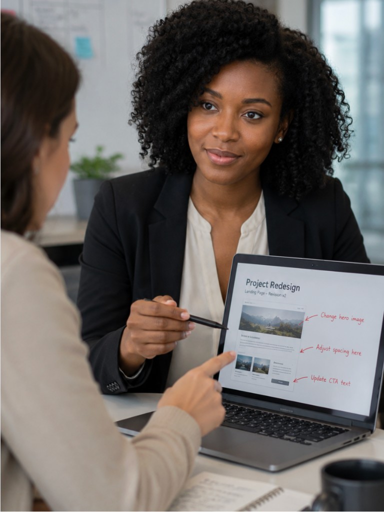 Two professionals reviewing project feedback and revisions together on a laptop