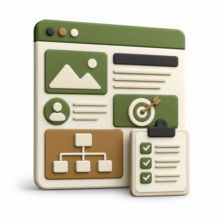 UX and conversion review illustration with 3D dashboard, clipboard checklist, and planning workflow icons