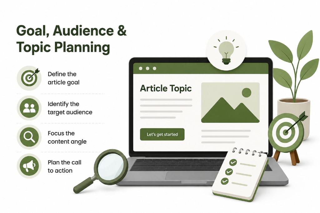 Goal, audience, and topic planning illustration with laptop article mockup, checklist for article goal, target audience, content angle, and call to action, plus magnifying glass, target, lightbulb, and plant