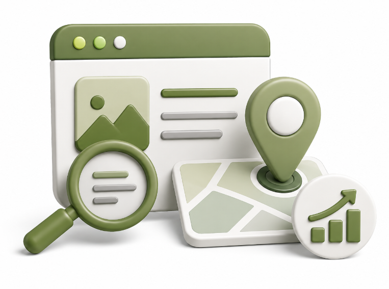 Local content optimization illustration with browser window, magnifying glass, map pin, and growth chart