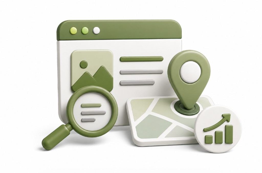 Website and technical SEO audit illustration with browser window, magnifying glass, map with location pin, and analytics growth chart