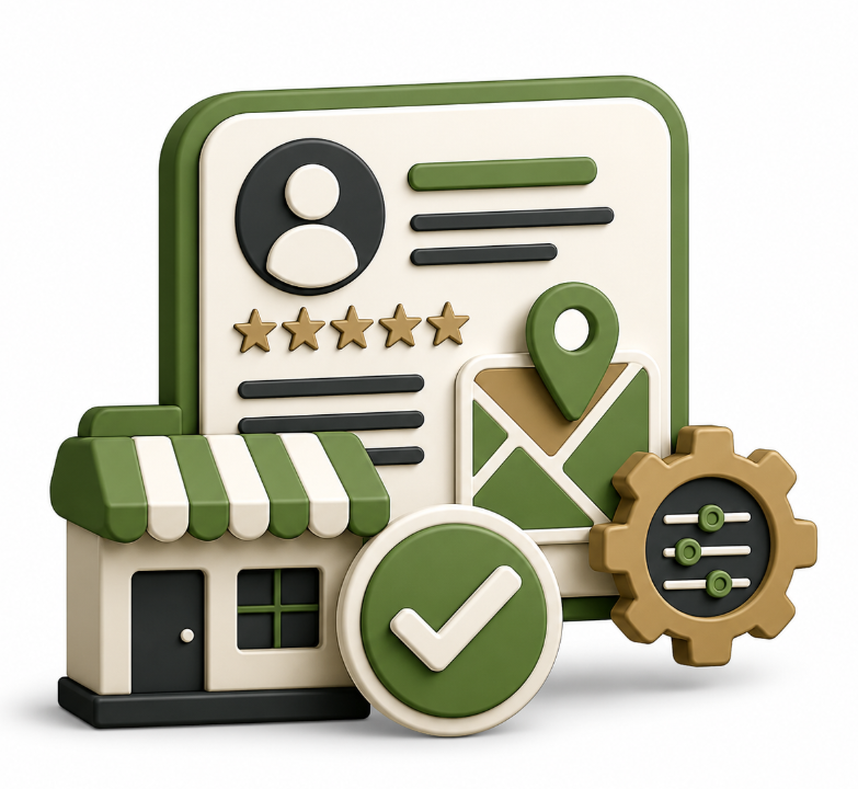 Local SEO illustration with business profile card, storefront, verified checkmark, map pin, and optimization settings