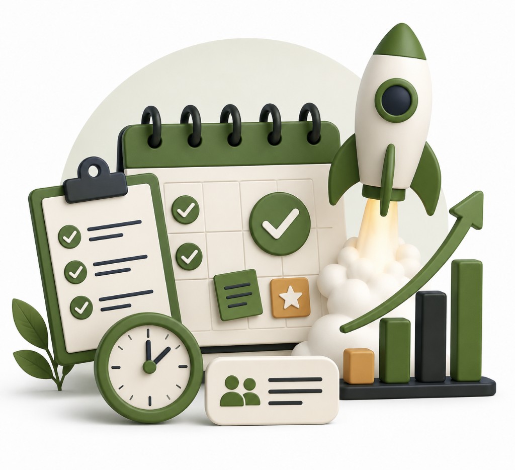 Marketing planning illustration with calendar, checklist, rocket launch, growth chart, clock, and team contacts