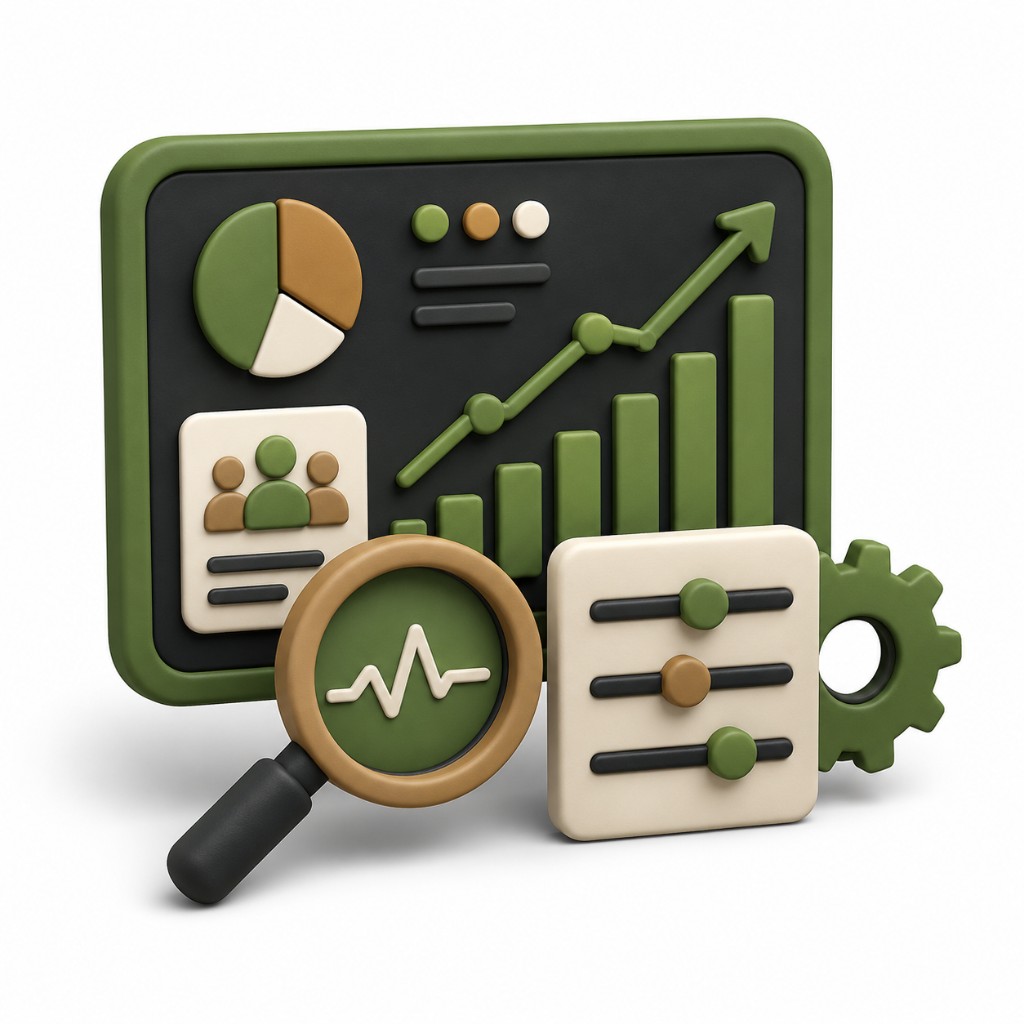 Analytics dashboard illustration with charts, magnifying glass, and optimization controls