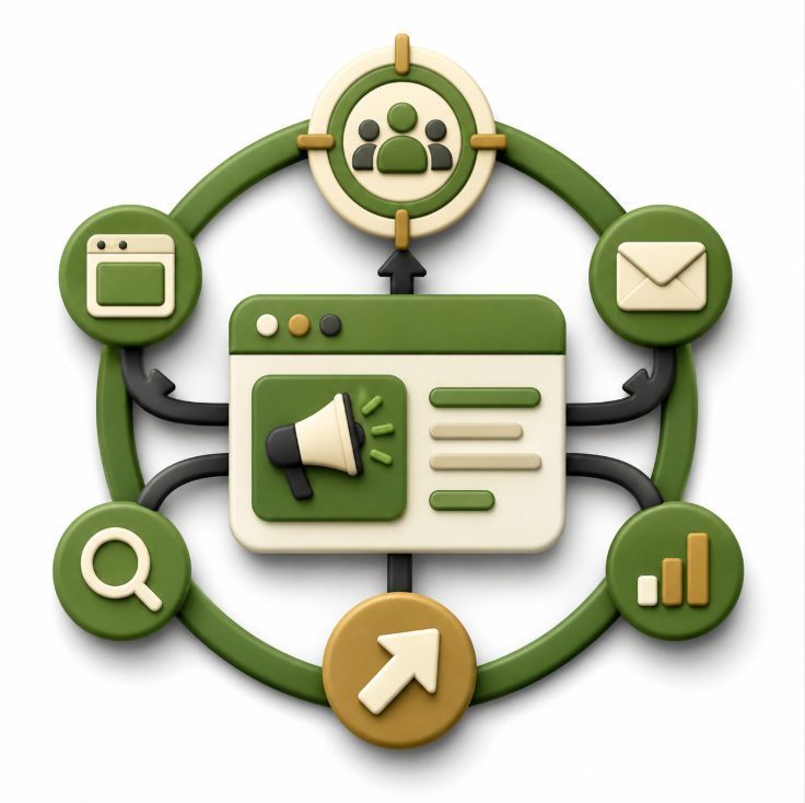 Notifications and automation illustration with central marketing dashboard, megaphone, and orbiting channel icons for email, analytics, search, web, targeting, and growth