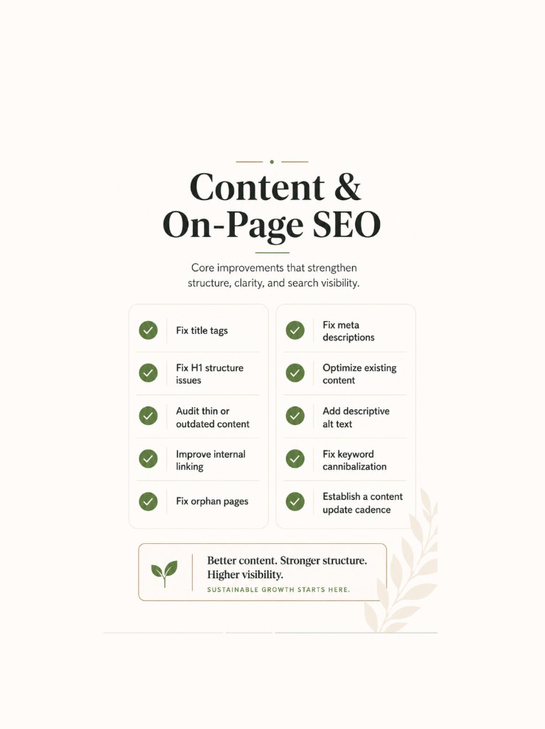 Content and on-page SEO checklist covering title tags, headings, meta descriptions, internal links, and content optimization