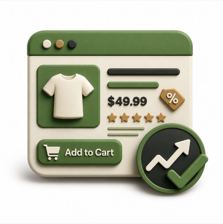 E-commerce product page illustration with t-shirt listing, $49.99 price, Add to Cart button, and growth checkmark badge