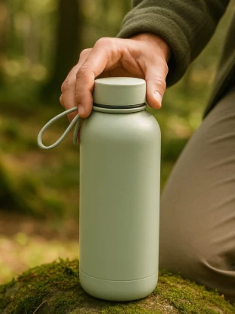 Lifestyle product photograph of a water bottle styled and shot outdoors in natural light