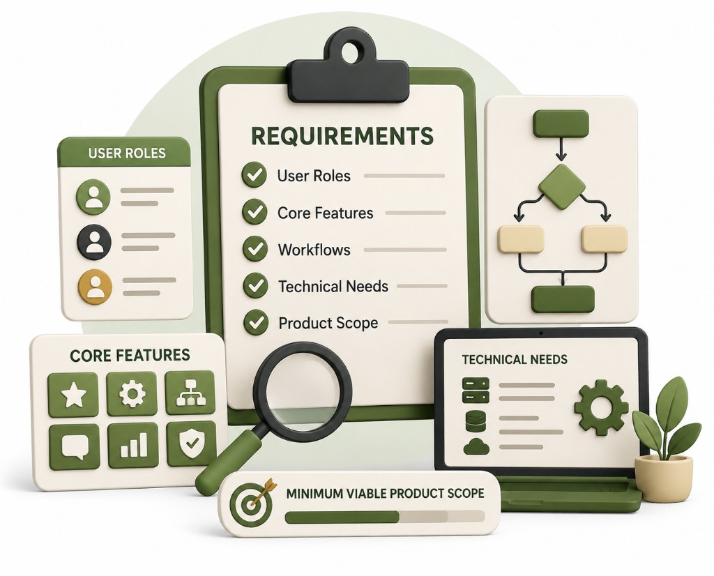 Requirements planning illustration with user roles, core features, workflows, technical needs, and MVP scope