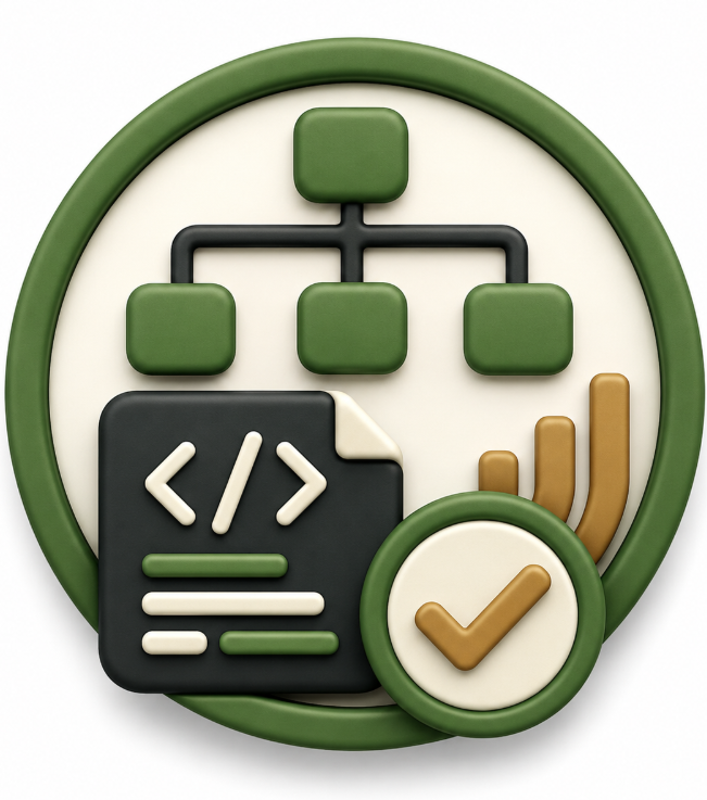 Technical structured data icon with flowchart hierarchy, code file, bar chart, and checkmark