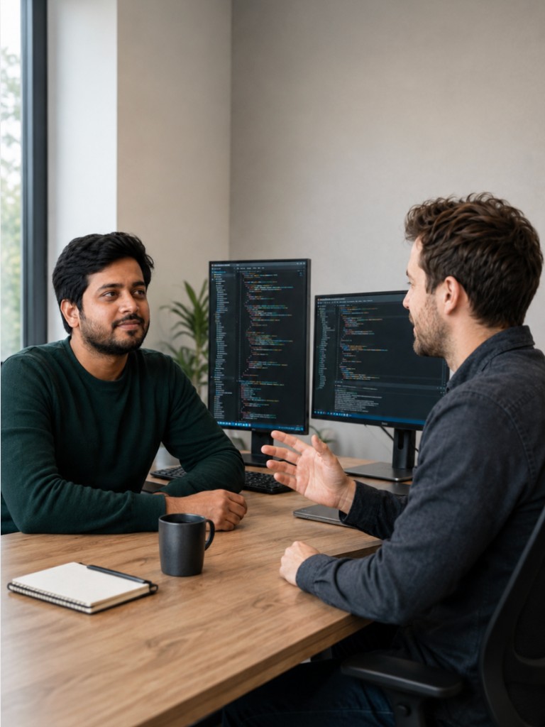 Two developers discussing code together at a desk with monitors showing a software project
