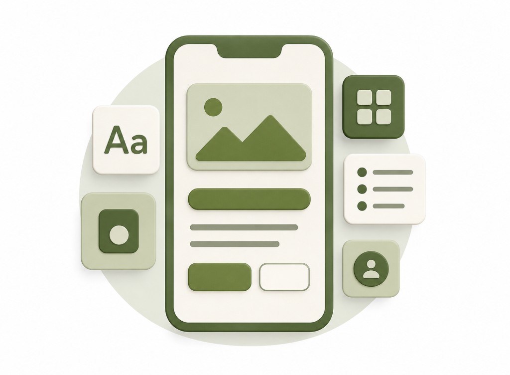 Mobile UI design illustration with phone mockup, typography, media, menu, and profile interface tiles