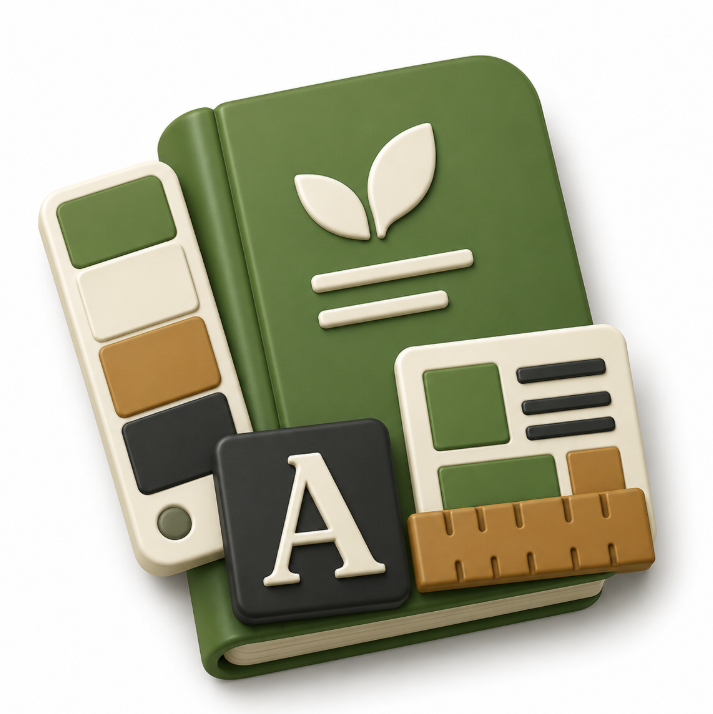 Visual direction illustration with brand guidelines book, color palette, typography, layout blocks, and ruler