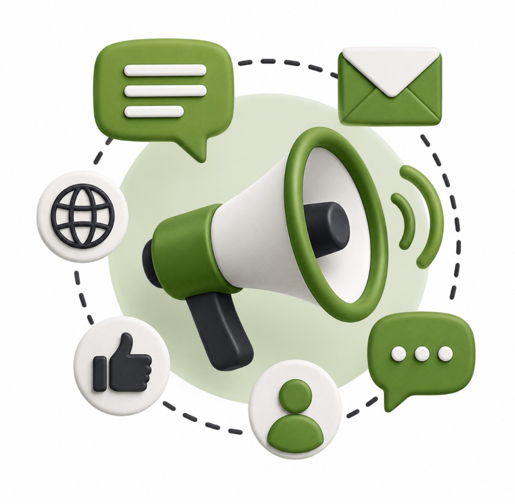 Megaphone surrounded by communication icons for email, chat, social media, and web messaging