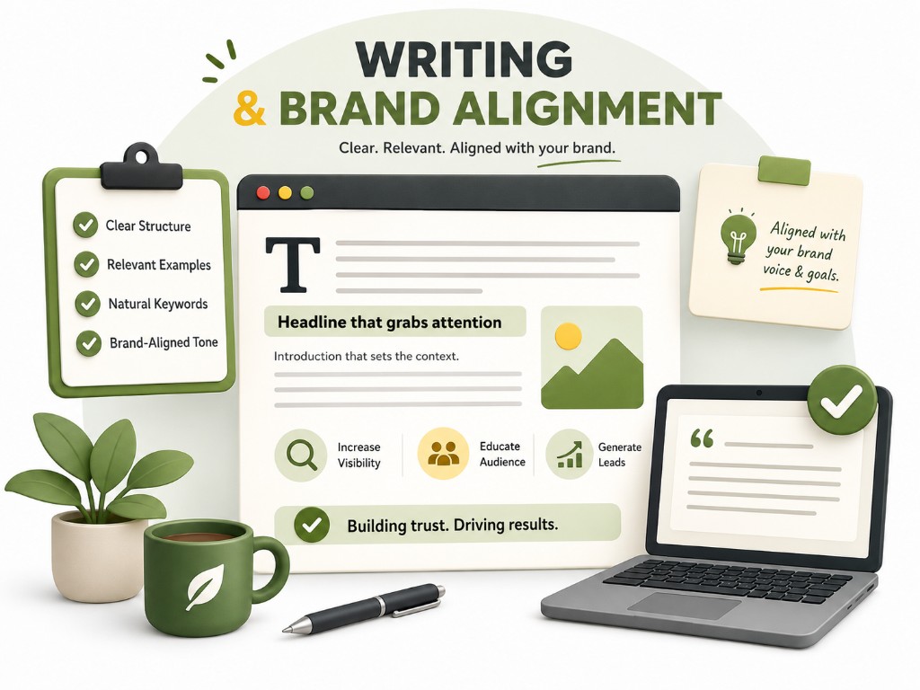 Content writing checklist with clear structure, relevant examples, natural keywords, and brand-aligned tone beside a browser mockup and laptop